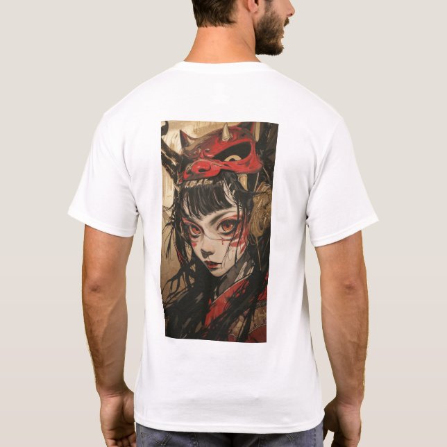 Anime Girl with Red Gold Oni Mask T-Shirt (Back)
