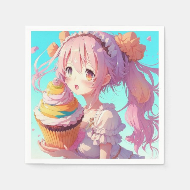  Anime Girl with Whimsical Cupcake Birthday Napkin (Front)