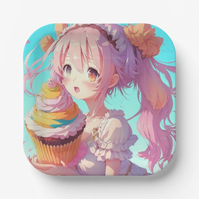  Anime Girl with Whimsical Cupcake Birthday Paper Plate (Front)