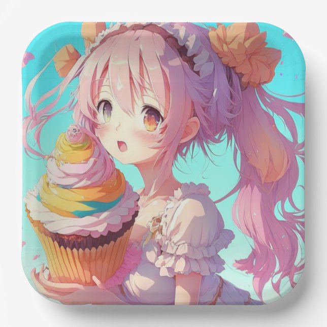  Anime Girl with Whimsical Cupcake Birthday Paper Plate (Front)