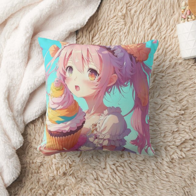 Anime Girl with Whimsical Cupcake Cushion (Blanket)