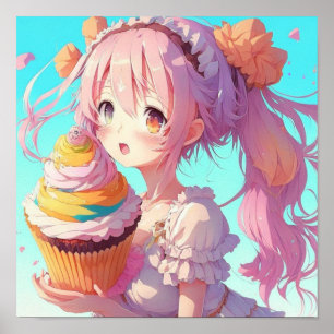 Anime Girl with Whimsical Cupcake Poster