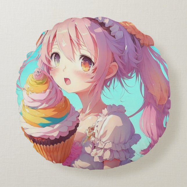 Anime Girl with Whimsical Cupcake Round Cushion (Front)