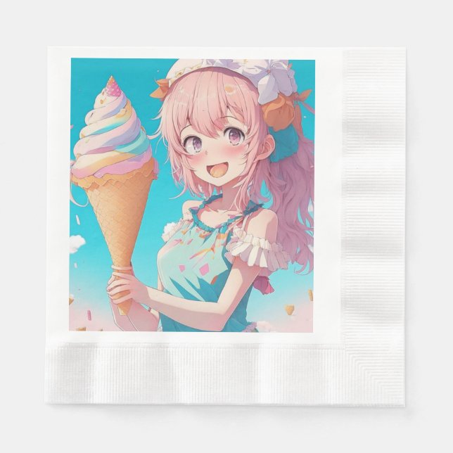  Anime Girl with Whimsical Ice Cream Cone Birthday Napkin (Front)
