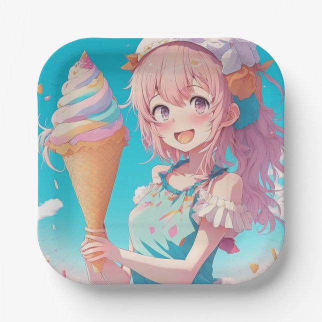  Anime Girl with Whimsical Ice Cream Cone Birthday Paper Plate (Front)