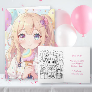 Anime Girl's Birthday Cards with Colouring Page 