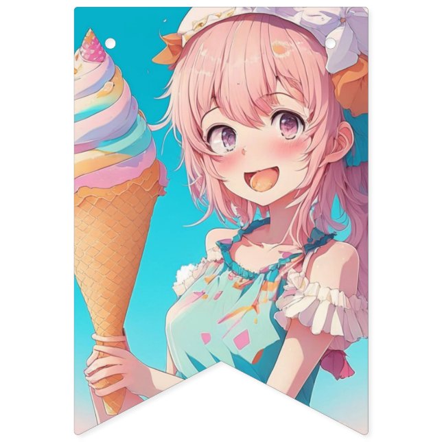 Anime Girls Birthday Pastel Colours Whimsical Bunting (First Flag)