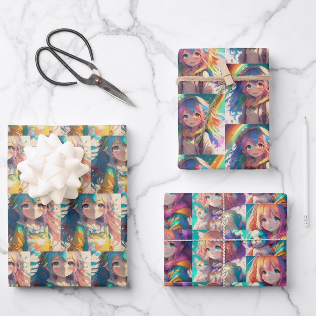 Anime Girls Colourful Birthday Wrapping Paper Sheet (Front)