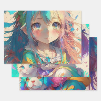 Anime Girls Colourful Birthday Wrapping Paper Sheet