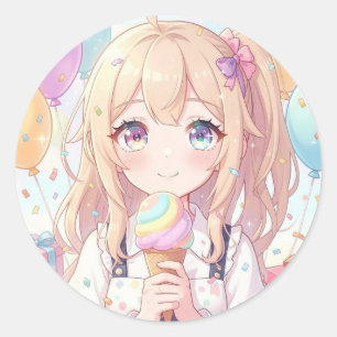 Anime Girl's Ice Cream Birthday Party Classic Round Sticker