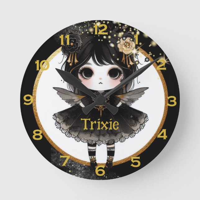 Anime Girls Kawaii Goth Chibi Decor Black Gold Round Clock (Front)