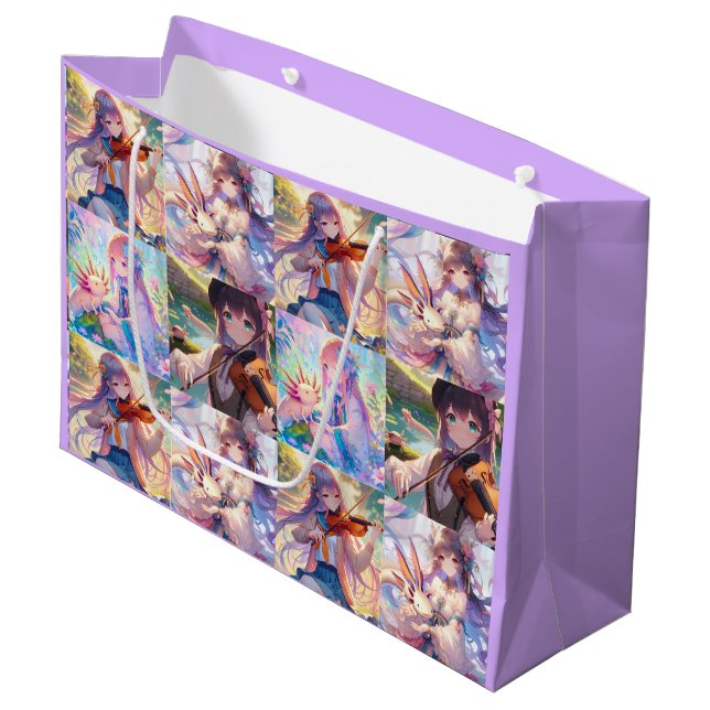 Anime Girls with Violin and Axolotls Birthday Large Gift Bag (Front Angled)