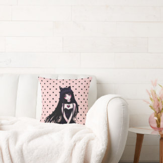 Anime Goth Girl on Polka Dots Cushion