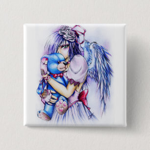Anime Gothic Pink Angel Girl With Teddy 15 Cm Square Badge