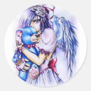 Anime Gothic Pink Angel Girl With Teddy Classic Round Sticker