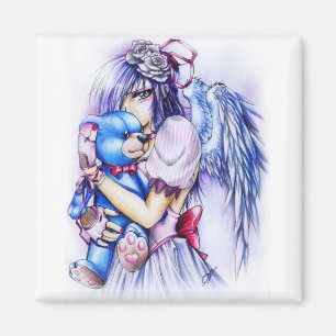 Anime Gothic Pink Angel Girl With Teddy Magnet