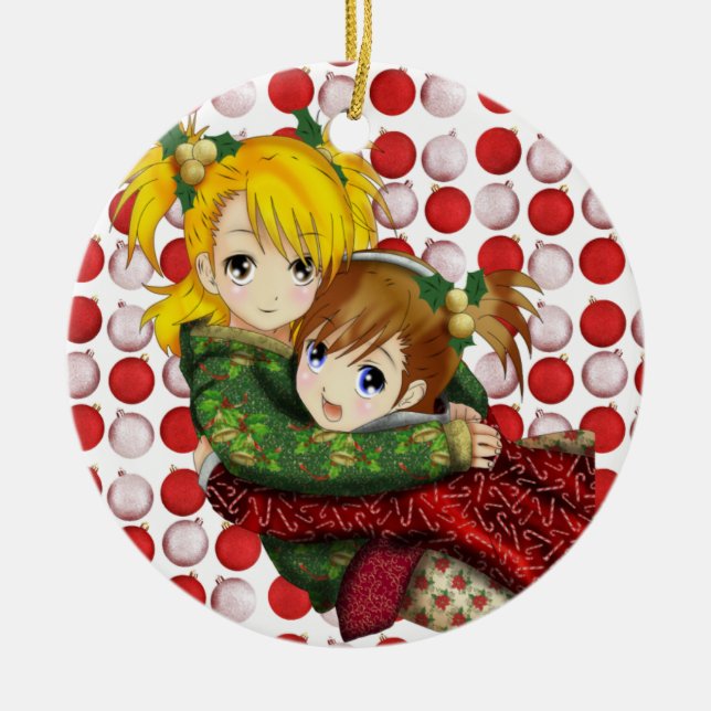 Anime Holiday Hug Ceramic Tree Decoration (Front)