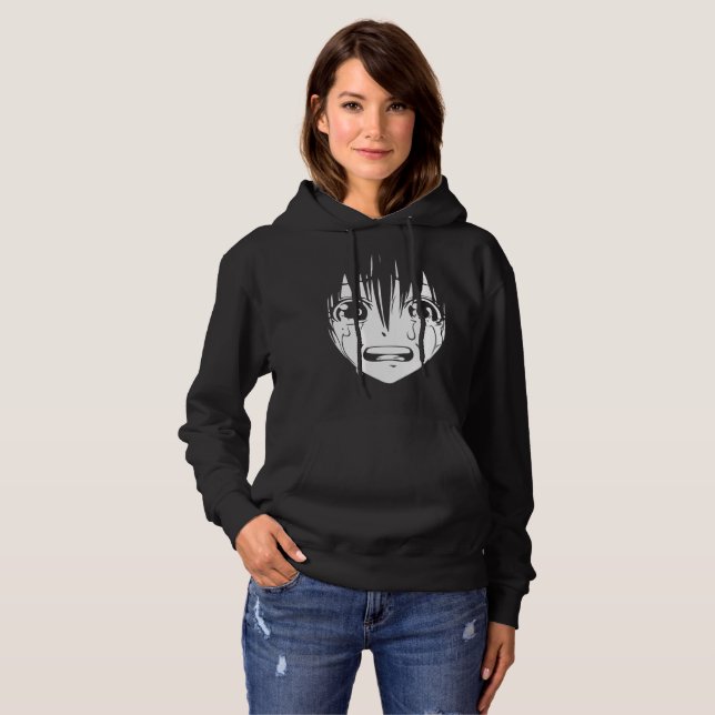 Anime Hooded Sweatshirt: Crying Girl (Black) Hoodie (Front Full)