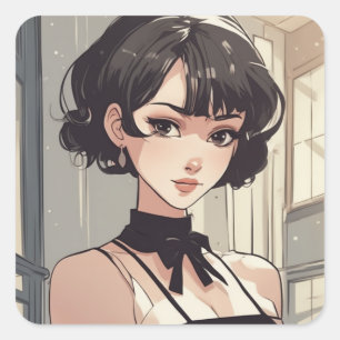 Anime-Inspired Little Black Dress Unique Artwork Square Sticker
