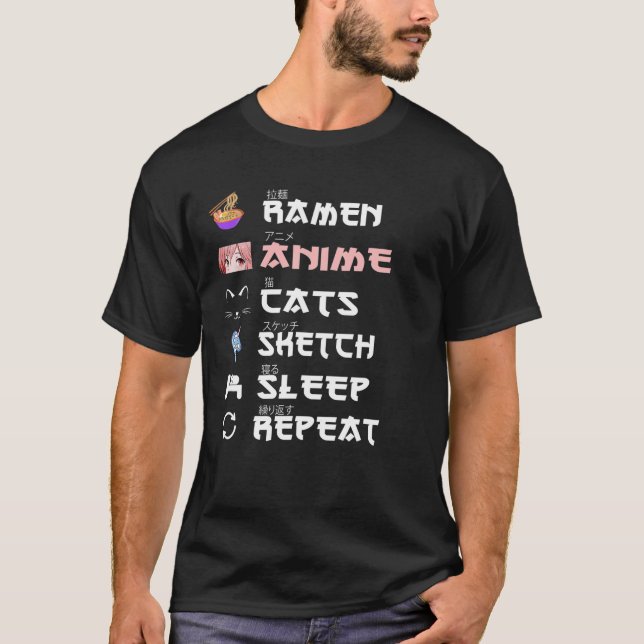 Anime Japanese Ramen Sketching Cat Anime Lover Gir T-Shirt (Front)