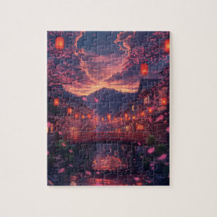 Anime Japanese Town at Sunset Puzzle – Cherry Blos