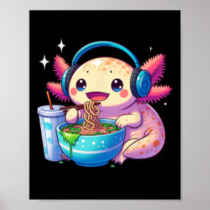 Anime Kawaii Axolotl Eating Ramen Noodles Kids Tee Poster