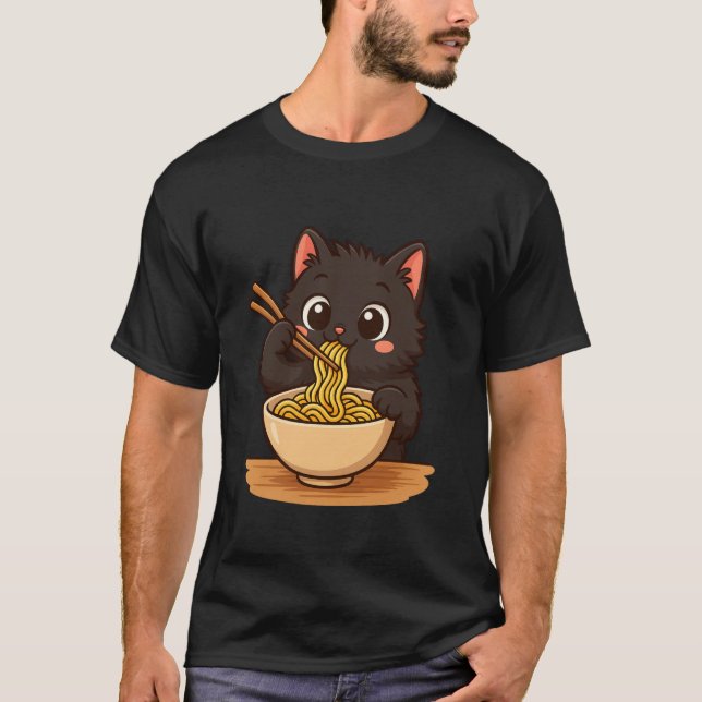Anime Kawaii Black Cat Eating Ramen Noodles Kids T T-Shirt (Front)