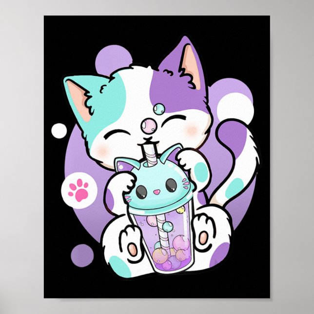 Anime Kawaii Cat Boba Bubble Tea Neko Boba Tea Cat Poster (Front)