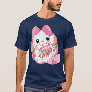 Anime Kawaii Cat Strawberry Milk Women Men Teen Bo T-Shirt