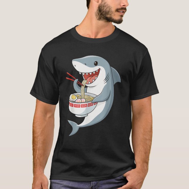 Anime Kawaii Shark Eating Ramen Noodle Gifts Men W T-Shirt (Front)