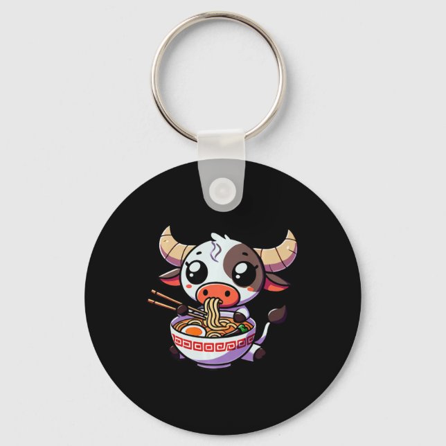 Anime Kawaii Texas Cow Eating Ramen Clothing Noodl Key Ring (Front)