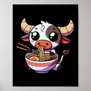 Anime Kawaii Texas Cow Eating Ramen Clothing Noodl Poster