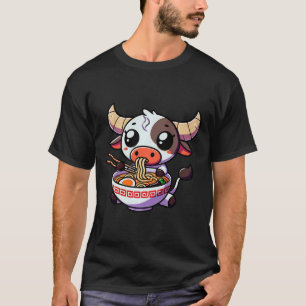Anime Kawaii Texas Cow Eating Ramen Clothing Noodl T-Shirt
