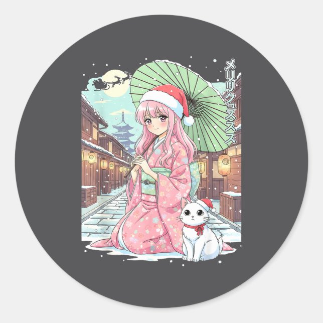 Anime Kimono Girl Christmas Japan Cat Xmas Japan A Classic Round Sticker (Front)