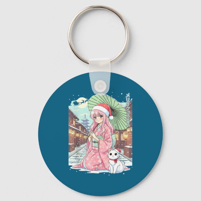 Anime Kimono Girl Christmas Japan Cat Xmas Japan A Key Ring (Front)