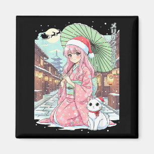 Anime Kimono Girl Christmas Japan Cat Xmas Japan A Magnet