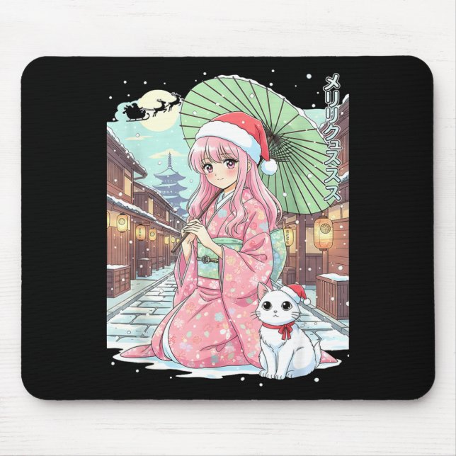 Anime Kimono Girl Christmas Japan Cat Xmas Japan A Mouse Mat (Front)