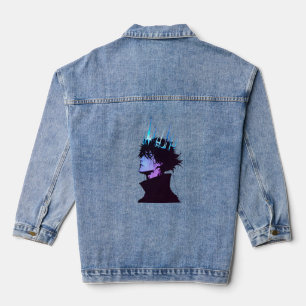 Anime King Gothic Male Portrait with Blue Crown Denim Jacket