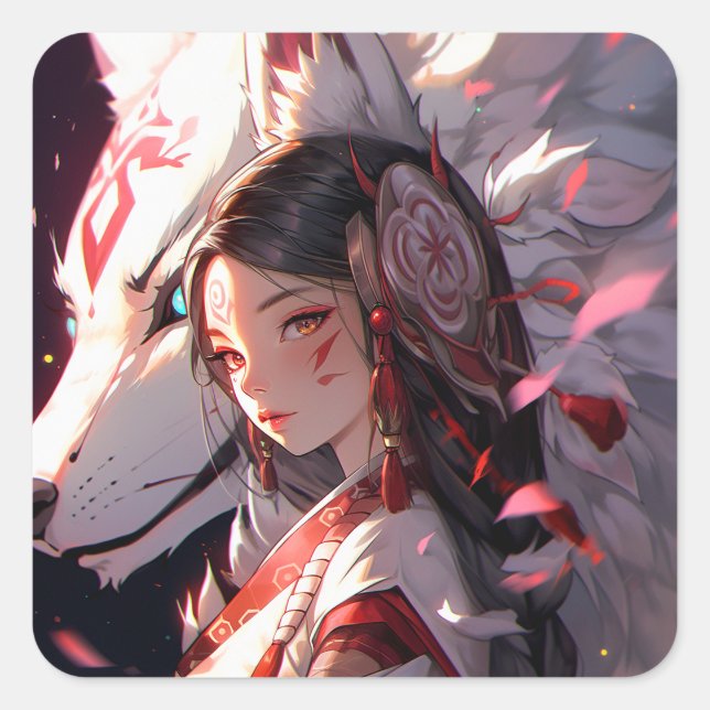 Anime Kitsune Girl Cute Fox Fantasy Art Square Sticker (Front)