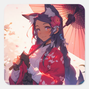 Anime Kitsune Girl Cute Fox Fantasy Art Square Sticker