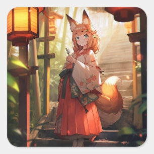 Anime Kitsune Girl Cute Fox Fantasy Art Square Sticker
