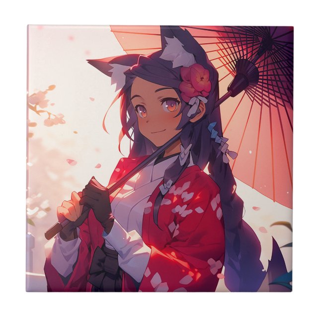 Anime Kitsune Girl Cute Fox Fantasy Art Tile (Front)