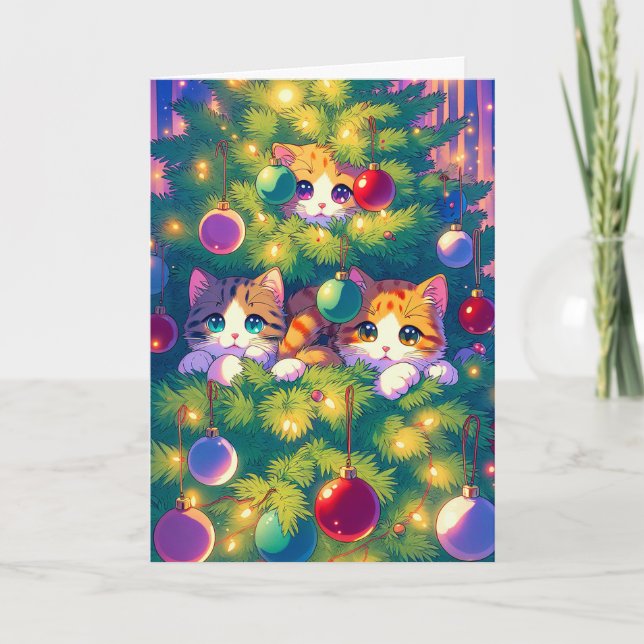Anime Kitty in a Christmas Tree Holiday Card (Front)