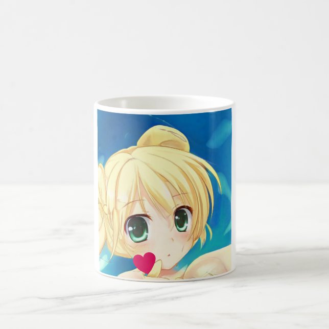 Anime manga blonde green-eyed girl heart coffee mug (Center)
