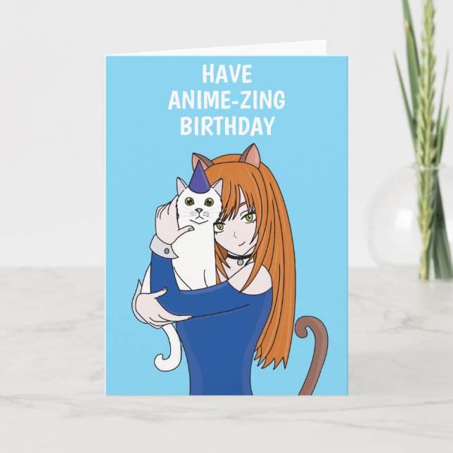 Anime Manga Cat Girl Birthday Card (Front)