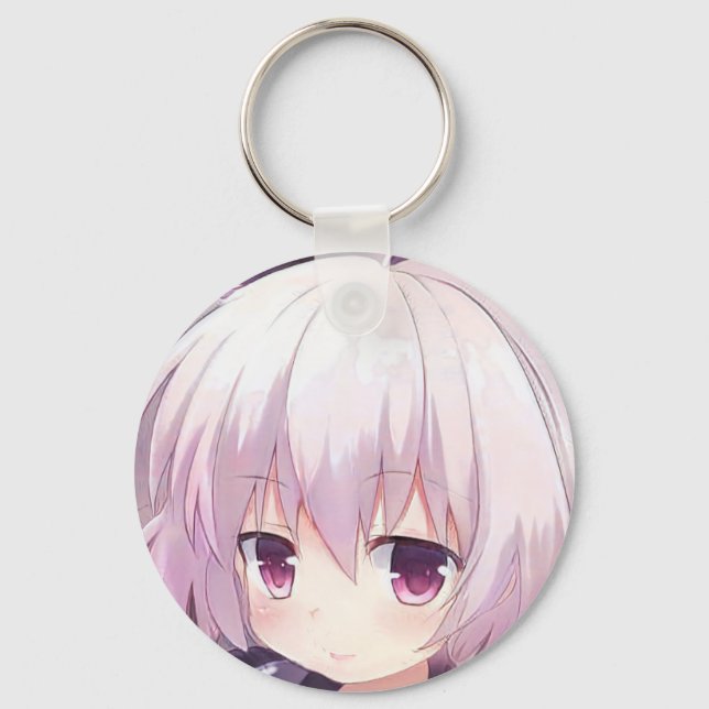 Anime manga girl smile lilac hair amethyst eyes  key ring (Front)