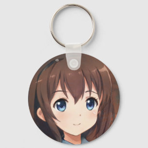 Anime manga smiling girl brown hair blue eyes  key ring