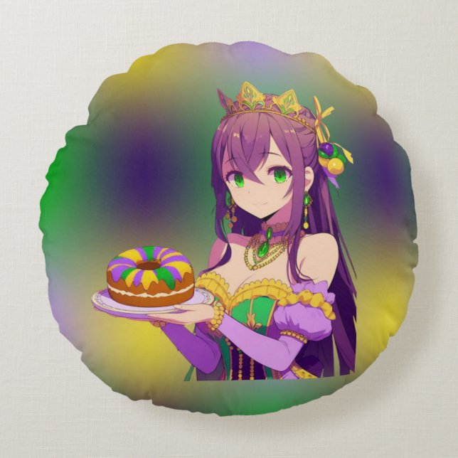 Anime Mardi Gras King cake Round Cushion (Front)