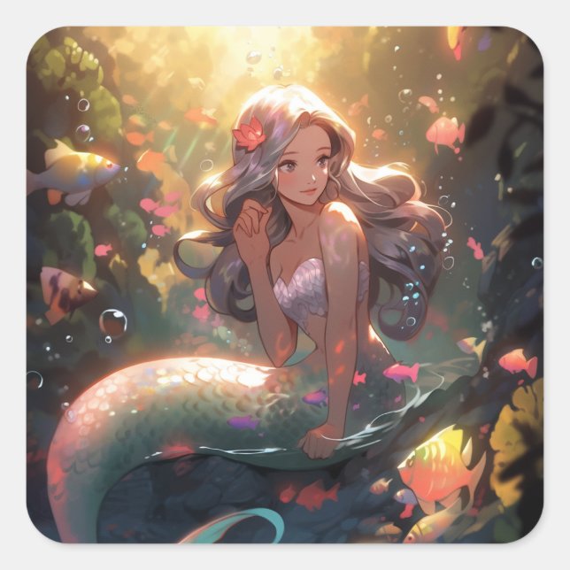 Anime Mermaid Girl Fantasy Art Square Sticker (Front)