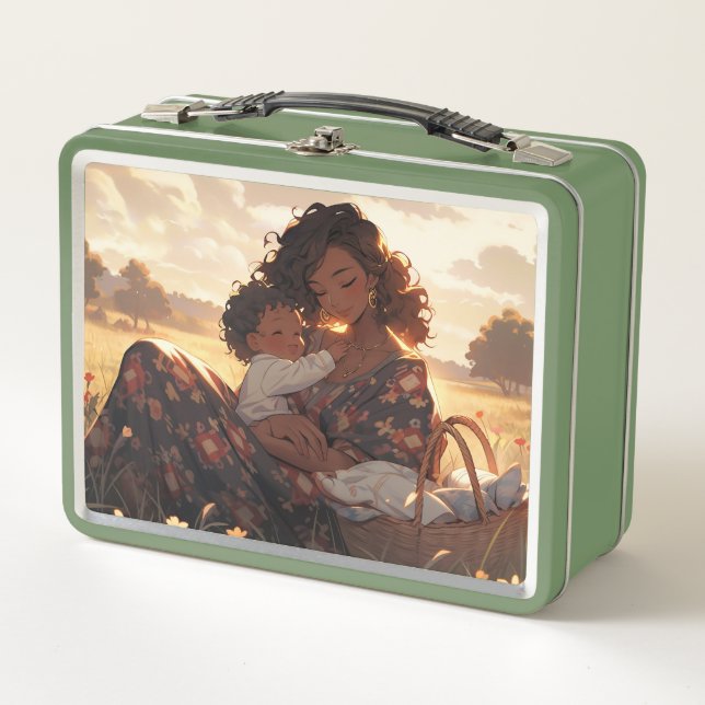 Anime mother in a morning meadow metal lunch box (Front)